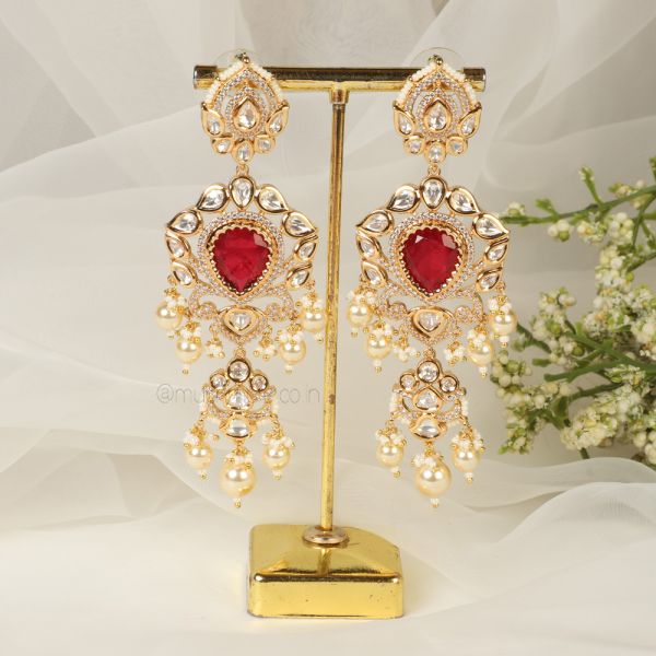 Ruby Gold Polish Over Sized Kundan With AD Earrings 
