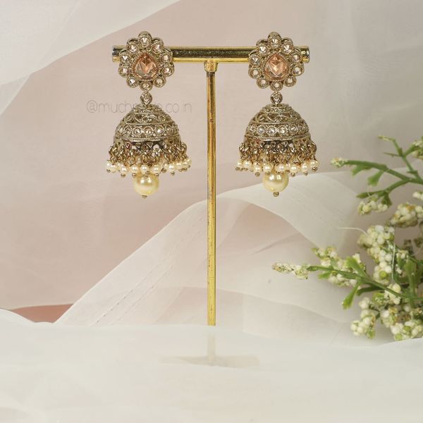 Antique Gold Polish Pearl Earrings Jhumka Style 