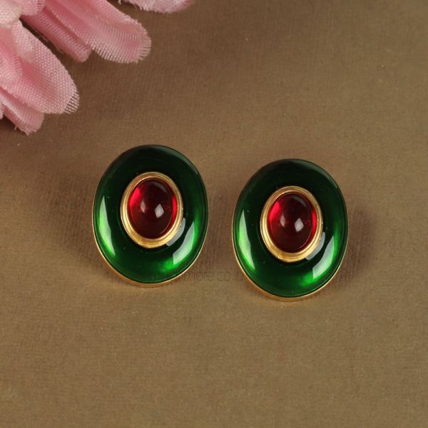 Hand Paint Ruby Green Gold Polish Oval Earrings