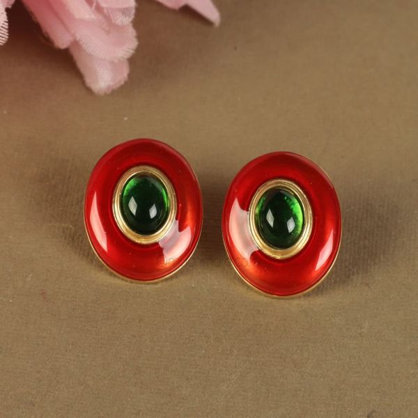 Oval Shaped Emerald Green Ruby Gold Earrings