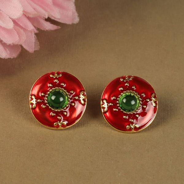 Hand Paint Ruby Green Round Earrings
