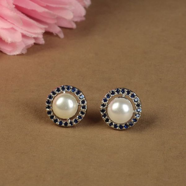 Western Look Sapphire Blue Pearl Diamond Tops Earrings 