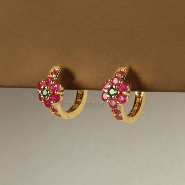 Ruby And Green Floral Design Diamond Huggie Hoops 