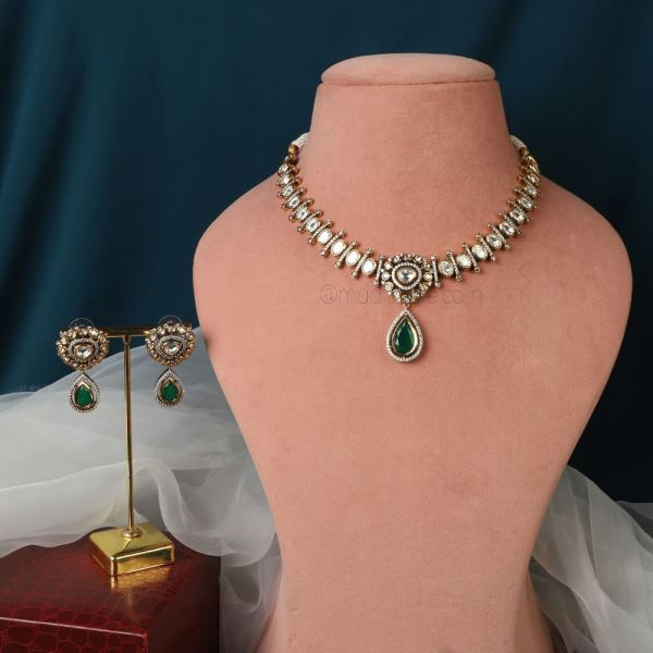 Silver Gold Green Kundan Necklace Online In India