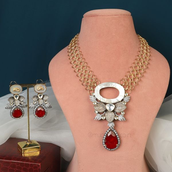 Silver Gold Polish Designer Long Necklace Set