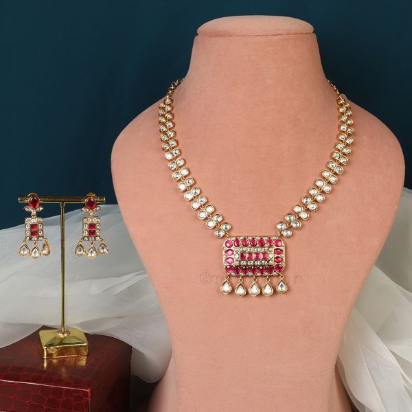 Ruby Pendant Semi Long Necklace With Earrings