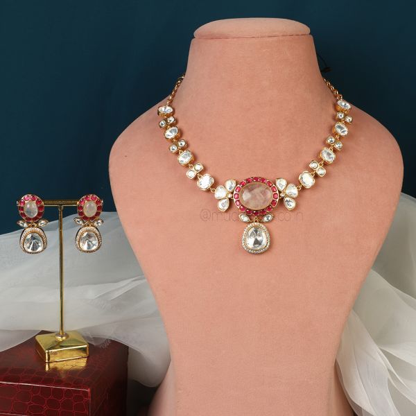 Ruby Baby Pink Polki Light Necklace With Earrings