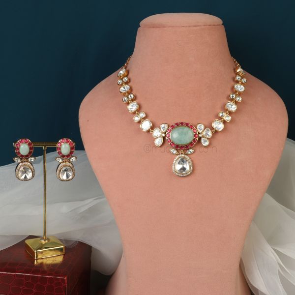 Ruby Mint Green Polki necklace With Earrings