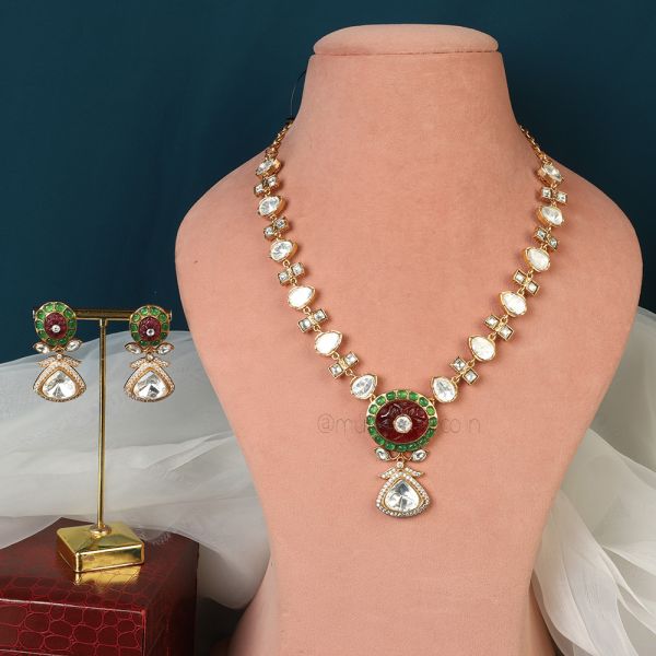 Ruby Green Polki Necklace With Earrings