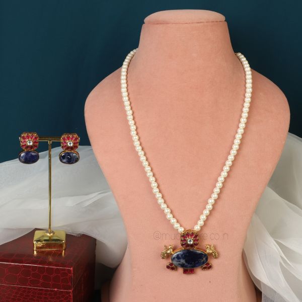 Ruby With Blue Pearl String Pendant Set