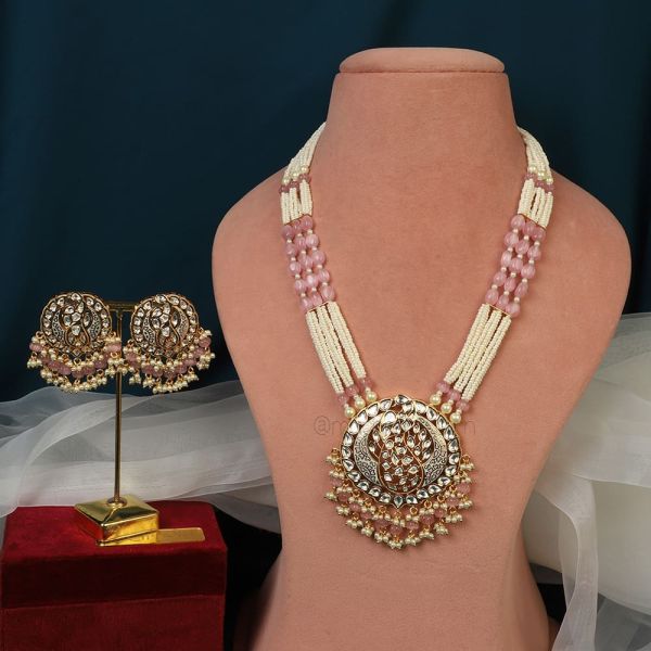 Baby Pink Kundan Pendant Style Long Necklace