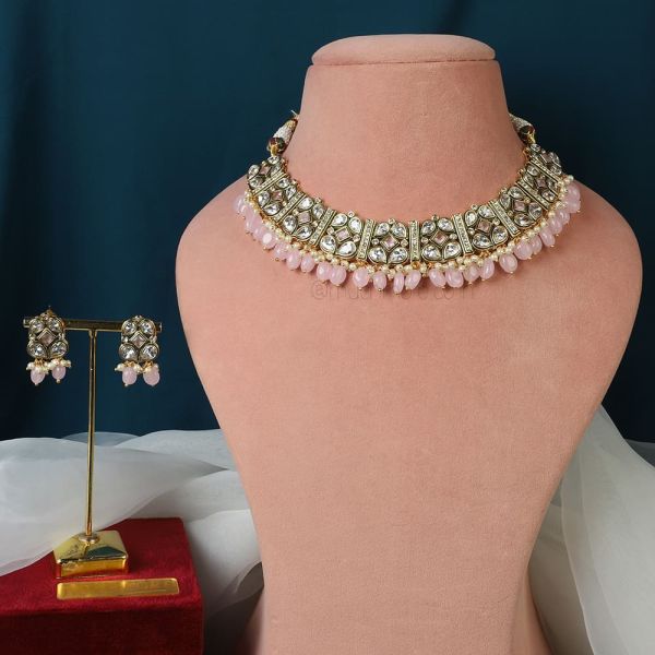 CZ Studded Gold Polish Baby Pink Necklace Set