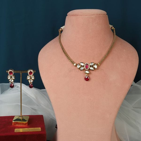Ruby Gold Polish Chain Necklace With Earrings