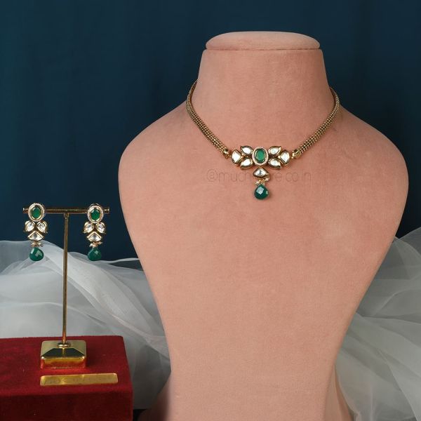 Green Gold Polish Chain Necklace With Earrings