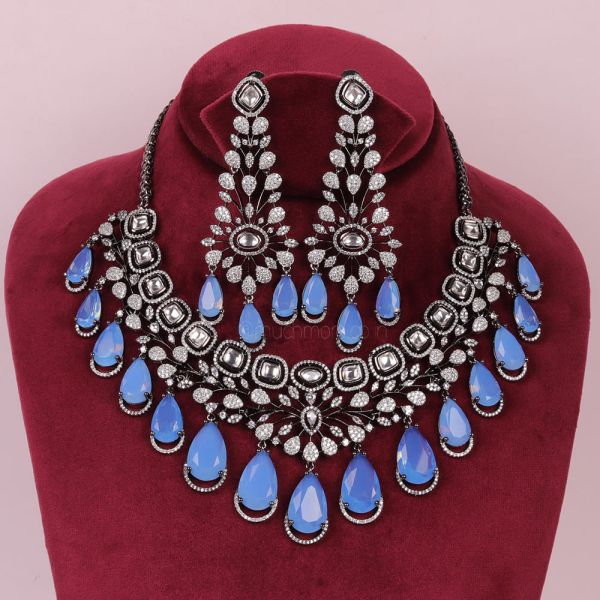 Exclusive Blue Kundan Diamond Studded Black Polish Necklace 