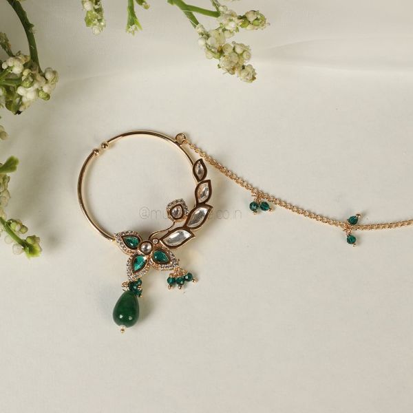 Gold Polish Kundan Emerald Green Nose Ring Nath