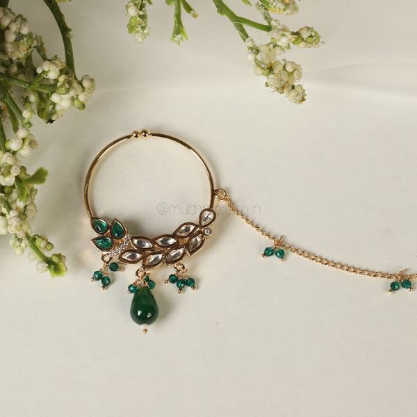 Bridal Gold Polish Kundan Emerald Green Nath