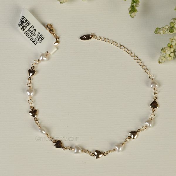 Gold Polish Heart And Pearl Anklet By Much More
