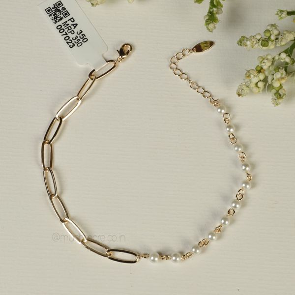 Gold Link Lock Chain With Pearl Women Anklet