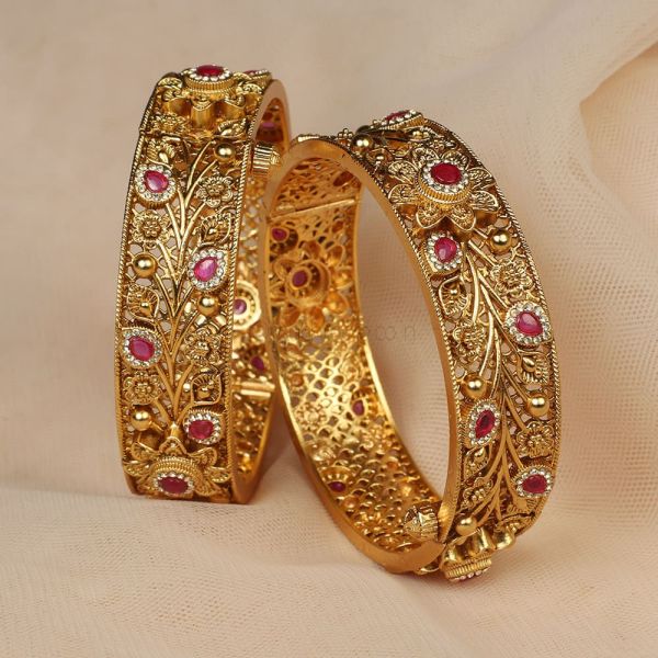 Gold Look Ruby Side Openable Bangles Set 