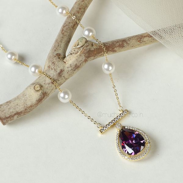 Pearl String With Purple Diamond Pendant Chain