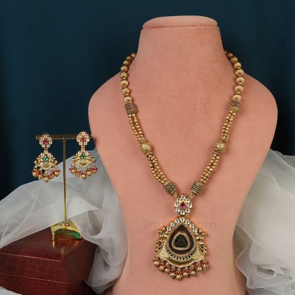 Shop Gold Polish Ruby Green Long Necklace Set 