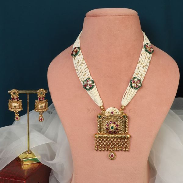 Shop Beads Mala Ruby Green Long Necklace Set 