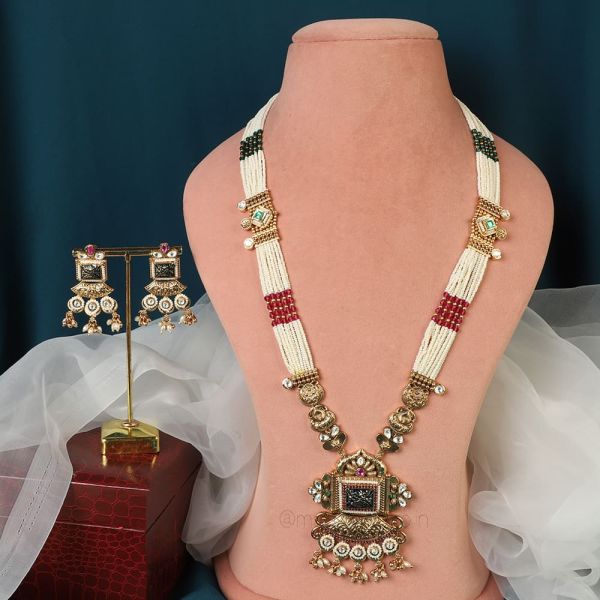 Ruby Green Pearls Work Long Necklace Set Online