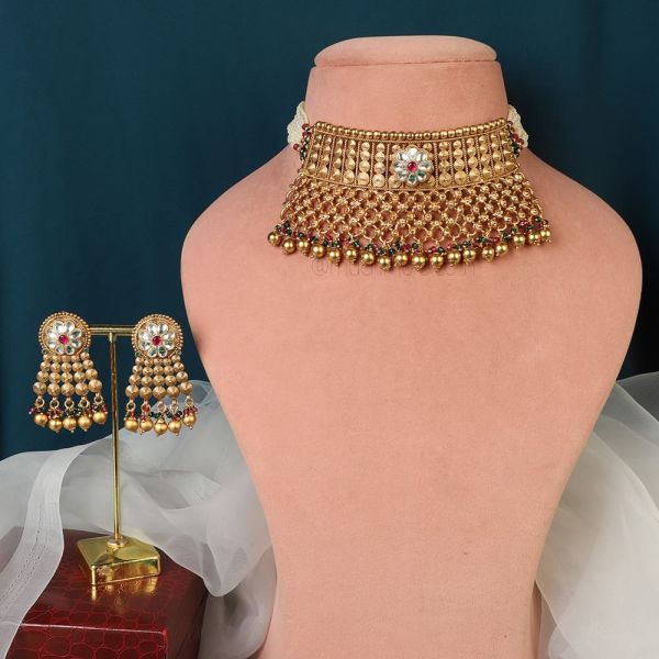 Bollywood Gold Plated Heavy Choker Tikka Earrings