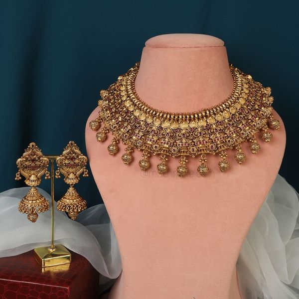 Gold Plated Bridal Necklace With Tikka Earrings