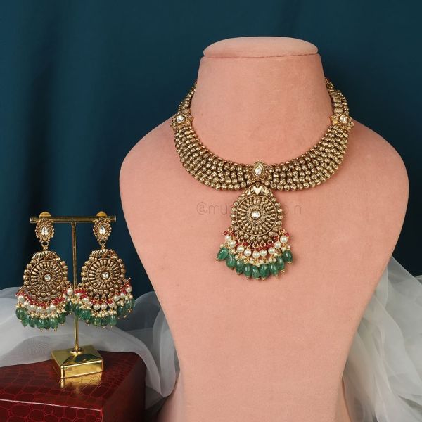 Green Drop And Gold Plated Bridal Jewellery 