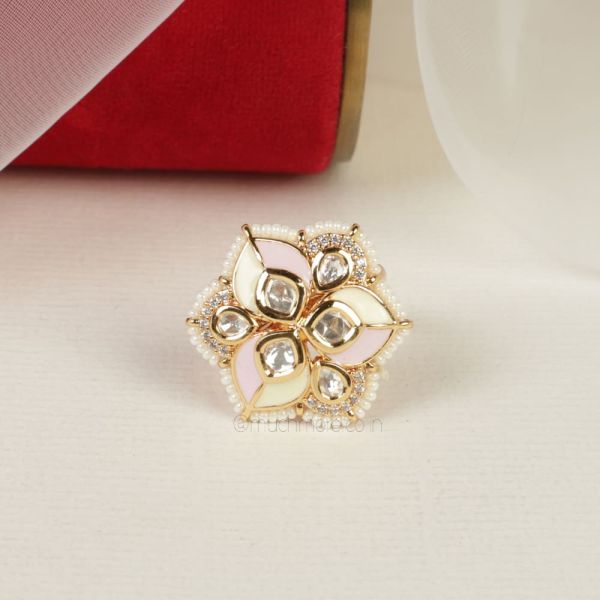 Buy Online Small Baby Pink Kundan Flower Ring 