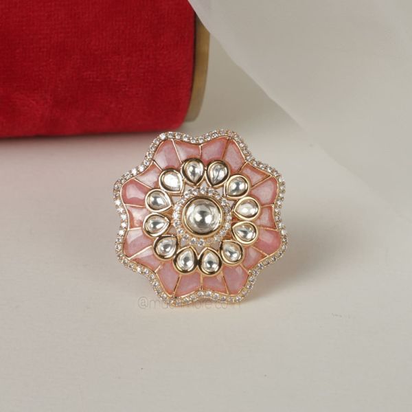Baby Pink Gold Polish Kundan Flower Ring
