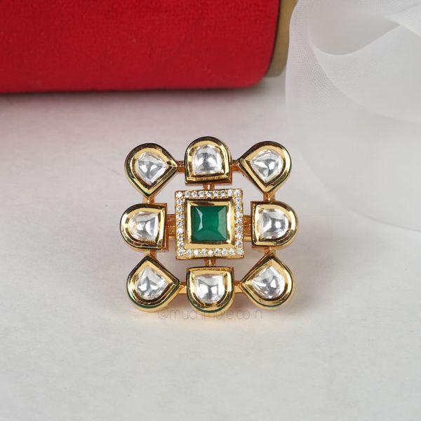 Emerald Green Kundan AD Gold Polish Ring 