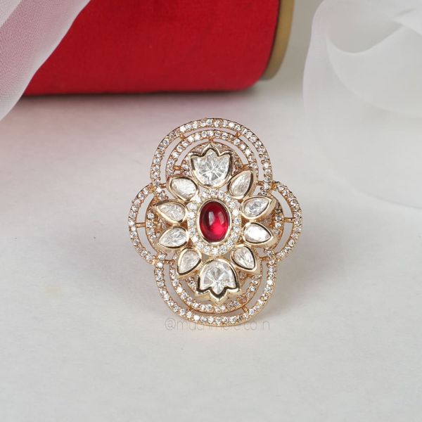 Gold Polish With Ruby Polki Diamonds Ring 