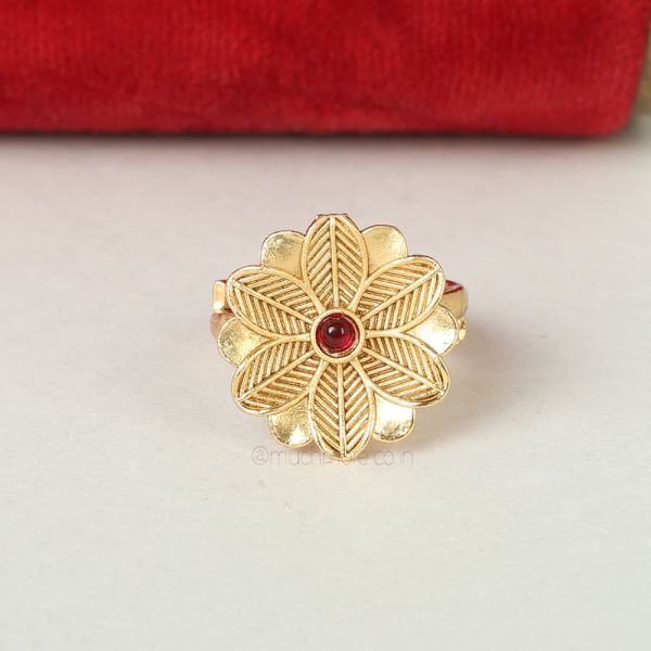 Carving Work Gold Plated Adjustable Ruby Ring 