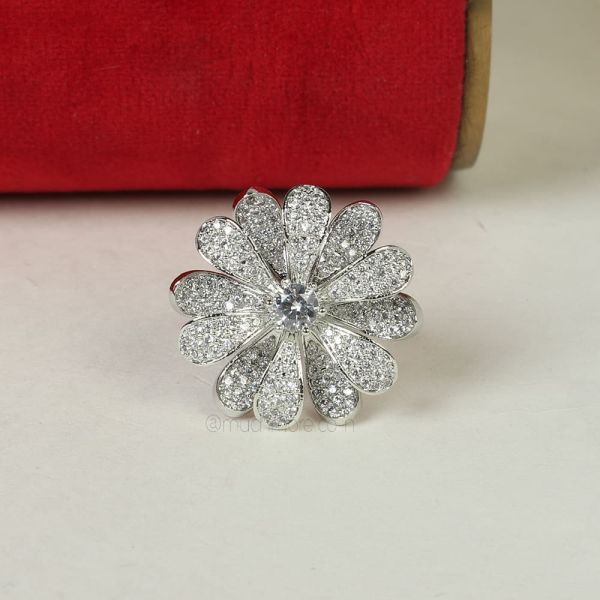 Silver Polish Flower Diamond Adjustable Size Ring