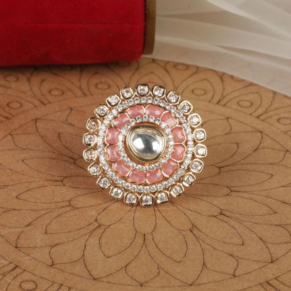 Round Shaped Gold Polish Kundan Baby Pink Ring