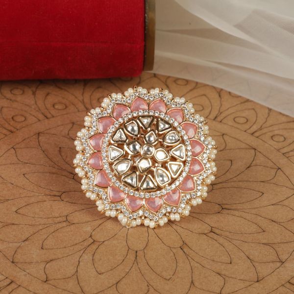 Kundan With Pearl Surrounding Pink Ring