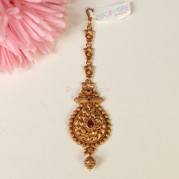 Ruby With Gold Polish Maang Tikka For Women
