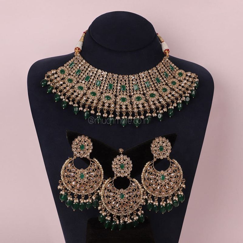 Gold Finish Sea Green Beaded Choker Necklace Set Design by VASTRAA Jewellery  at Pernia's Pop Up Shop 2023