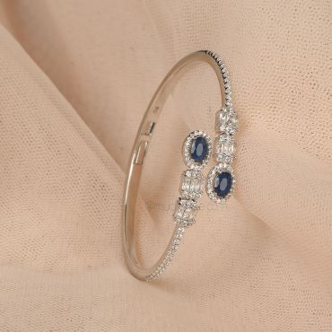  Sapphire Blue Silver Polish Diamond Sleek Bracelet 