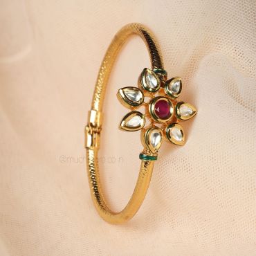 Kundan Flower Gold Polish Ruby Kada Bracelet 