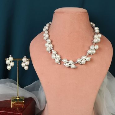 Silver Diamond Pearl Single Line Necklace Set 