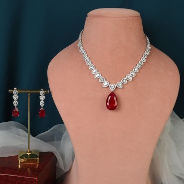 Silver Diamond Ruby Droplet Necklace Set 
