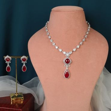 Silver Diamond Ruby Sleek Necklace Earrings Set