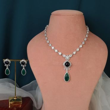 Silver Diamond Green Blue Necklace Earrings Set