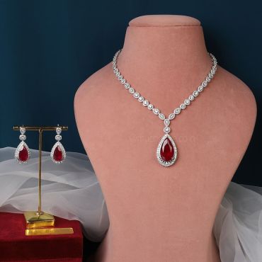 Ruby Droplet Silver Polish Diamond Necklace Set