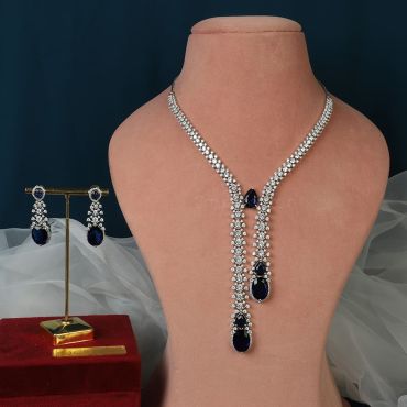 Silver With Sapphire Blue Designer AD Necklace