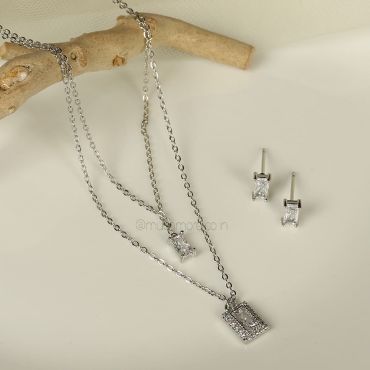 Diamonds With Silver Polish Double Chain Pendant Set 